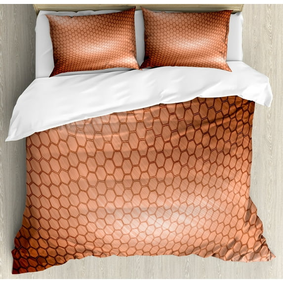Abstract Duvet Cover Set, Hexagonal Comb Mesh Pattern with Abstract Wave Motion Effect Geometric Image Print, Decorative 3 Piece Bedding Set with 2 Pillow Shams, King Size, Pale Rust, by Ambesonne