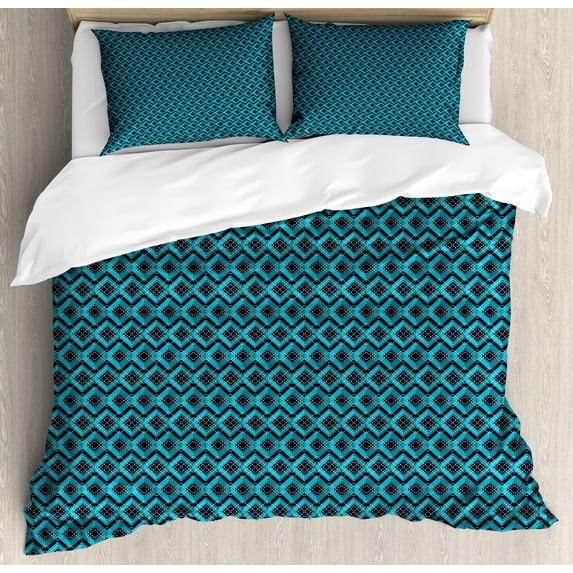 Abstract Duvet Cover Set, Illustration of Complex Geometric Patterns Successive Intertwined Squares, Decorative 3 Piece Bedding Set with 2 Pillow Shams, Queen Size, Dark Teal and Teal, by Ambesonne