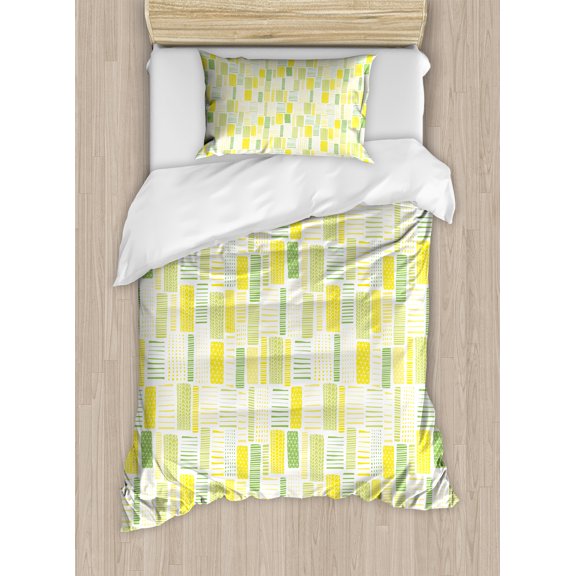 Abstract Duvet Cover Set, Illustration of Rhythmic and Geometric Pastel Tones Demonstration, Decorative 2 Piece Bedding Set with 1 Pillow Shams, Twin Size, White Yellow and Lime Green, by Ambesonne
