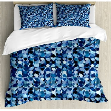Abstract Duvet Cover Set, Intertwined Circular Elements in Monochrome, Decorative 3 Piece Bedding Set with 2 Pillow Shams, Calking Size, Night Blue Pale Blue, by Ambesonne