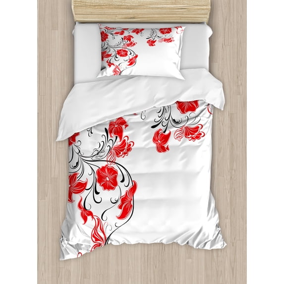 Abstract Duvet Cover Set, Japanese Design Flowers Swirls Ivy and Leaves Butterflies Image, Decorative 2 Piece Bedding Set with 1 Pillow Shams, Twin Size, Scarlet White, by Ambesonne