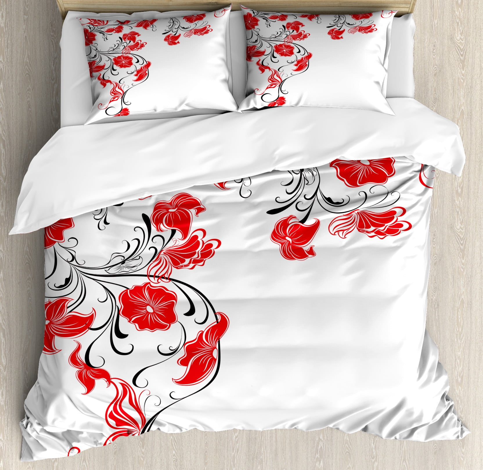 Scarlet White Floral Queen Duvet Cover Set with Pillow Shams
