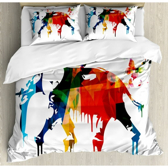 Abstract Duvet Cover Set King Size, African Safari Wild Life Animal Elephant with Colorful Print on Buuterflies Art, Decorative 3 Piece Bedding Set with 2 Pillow Shams, Multicolor, by Ambesonne