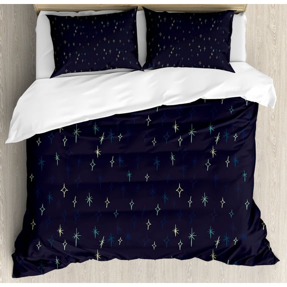 Abstract Duvet Cover Set King Size, Continuous Abstract Cartoon Style Stars at Night Cosmos Pattern, Decorative 3 Piece Bedding Set with 2 Pillow Shams, Dark Blue Grey and Multicolor, by Ambesonne
