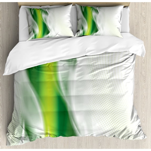 Abstract Duvet Cover Set, Cool Floral Like Strip Wavy Detailed Design Image Print, Decorative 3 Piece Bedding Set with 2 Pillow Shams, King Size, Dark Green White, by Ambesonne