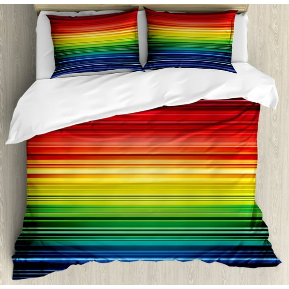 Abstract Duvet Cover Set King Size, Digital Rainbow Stripes with Gradient Neon Effects Featured Horizontal Bands Print, Decorative 3 Piece Bedding Set with 2 Pillow Shams, Multicolor, by Ambesonne