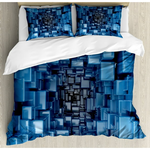 Abstract Duvet Cover Set King Size, Digital Stylized Dimensional Square Shaped Cubes Glossy Geometric Style Cluster Print, Decorative 3 Piece Bedding Set with 2 Pillow Shams, Blue, by Ambesonne