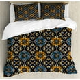 thumbnail image 1 of Abstract Duvet Cover Set King Size, Folk Motif Repetition of Bohemian Shapes Hatched Style Art Pattern, Decorative 3 Piece Bedding Set with 2 Pillow Shams, Indigo and Multicolor, by Ambesonne, 1 of 3