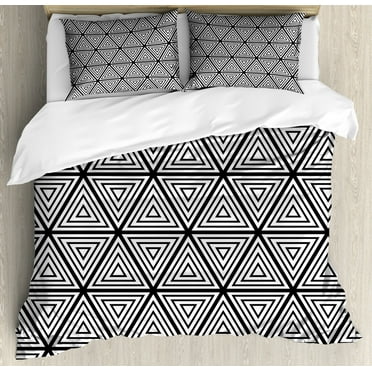 Abstract Duvet Cover Set, Geometric Inner Triangles Minimalist Western Expressionism Style Boho Display, Decorative 3 Piece Bedding Set with 2 Pillow Shams, King Size, Black White, by Ambesonne