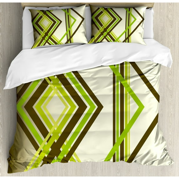 Abstract Duvet Cover Set King Size, Geometric Trippy Diamond Shape Bands in Different Shade Illustration, Decorative 3 Piece Bedding Set with 2 Pillow Shams, Army Fern and Lime Green, by Ambesonne