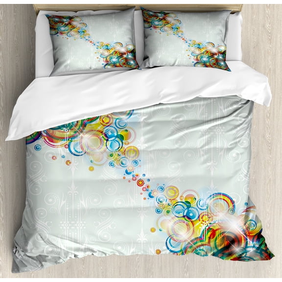 Abstract Duvet Cover Set King Size, Modern Design Rainbow Like Waves and Circles Patterned in Disco Themed Artwork, Decorative 3 Piece Bedding Set with 2 Pillow Shams, Multicolor, by Ambesonne