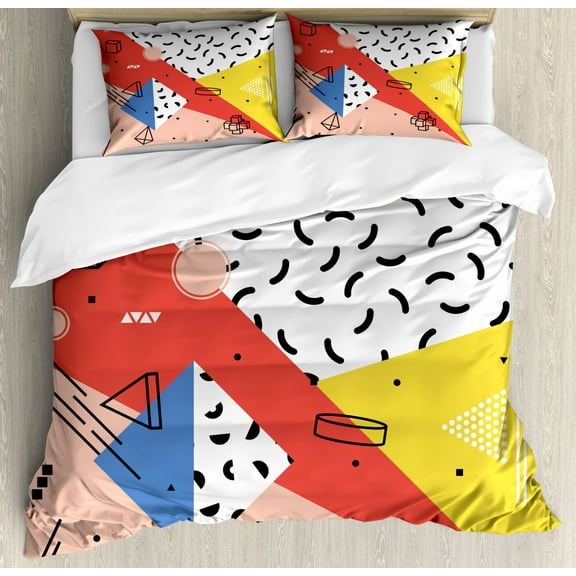 Abstract Duvet Cover Set King Size, Modern Geometric Trippy Figures Triangles Cubes Circles Rollers Dots Artful Print, Decorative 3 Piece Bedding Set with 2 Pillow Shams, Multicolor, by Ambesonne