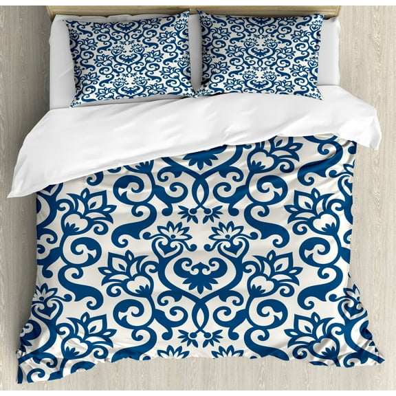 Abstract Duvet Cover Set King Size, Ornamental Floral Pattern Antique Damask Flowers Curvy Repeating Tile Artsy Design, Decorative 3 Piece Bedding Set with 2 Pillow Shams, Blue White, by Ambesonne