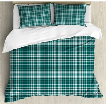 Abstract Duvet Cover Set King Size, Plaid Inspired Design of Vertical and Horizontal Streaks, Decorative 3 Piece Bedding Set with 2 Pillow Shams, Cadet Blue Dark Teal and Baby Blue, by Ambesonne