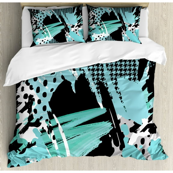 Abstract Duvet Cover Set King Size, Retro 90s Style Negative Exposure Effect Expressive Ink Pattern, Decorative 3 Piece Bedding Set with 2 Pillow Shams, Pale Blue Aqua Black White, by Ambesonne