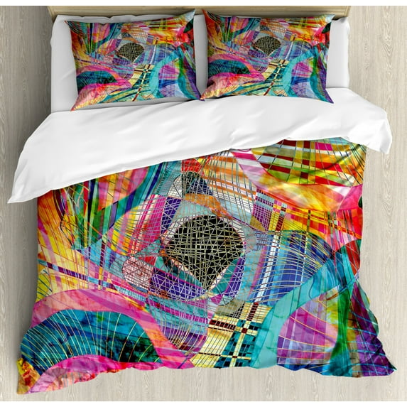 Abstract Duvet Cover Set King Size, Retro Background Graphic Artistic Composition in Watercolors Creative Illustration, Decorative 3 Piece Bedding Set with 2 Pillow Shams, Multicolor, by Ambesonne