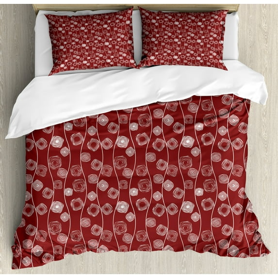 Abstract Duvet Cover Set King Size, Square Shaped Spirals Between Vertical Wavy Lines Simplicity and Geometry, Decorative 3 Piece Bedding Set with 2 Pillow Shams, Burgundy White, by Ambesonne