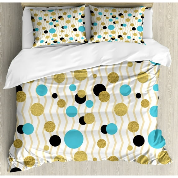 Abstract Duvet Cover Set King Size, Trippy Geometric Circles Dotted Yellow Rounds on Zig Zag Lines Background Artwork Print, Decorative 3 Piece Bedding Set with 2 Pillow Shams, Aqua, by Ambesonne
