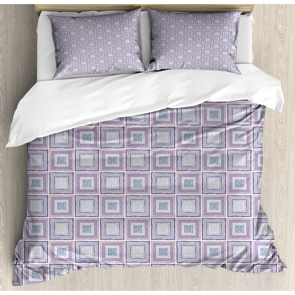 Abstract Duvet Cover Set, Layout of Concentric Squares and Stripes Drawn by Hand, Decorative 3 Piece Bedding Set with 2 Pillow Shams, King Size, Eggshell Lilac, by Ambesonne