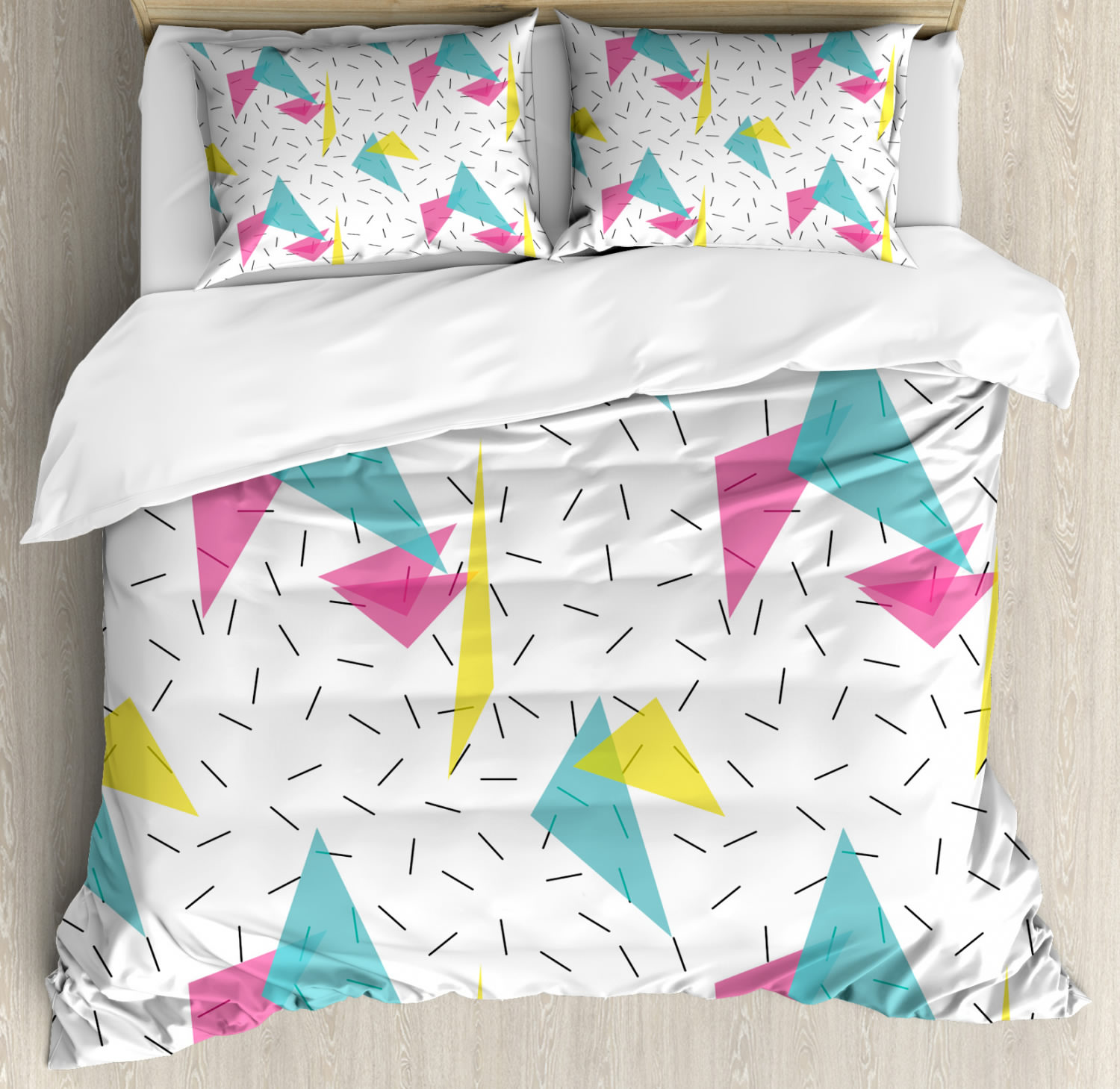thumbnail image 1 of Abstract Duvet Cover Set, Memphis Style Modern Geometric Forms with Lines Colorful Triangles Graphic, Decorative 3 Piece Bedding Set with 2 Pillow Shams, King Size, Multicolor, by Ambesonne, 1 of 3