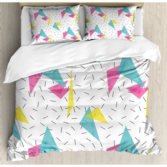 Abstract Duvet Cover Set, Memphis Style Modern Geometric Forms with Lines Colorful Triangles Graphic, Decorative 3 Piece Bedding Set with 2 Pillow Shams, Queen Size, Multicolor, by Ambesonne