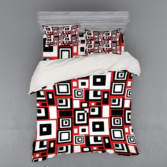 Abstract Duvet Cover Set, Minimalist Geometric Retro Rectangle Forms Nostalgia Art Print, Bedding Set with Shams and Fitted Sheet, 3 Sizes, by Ambesonne