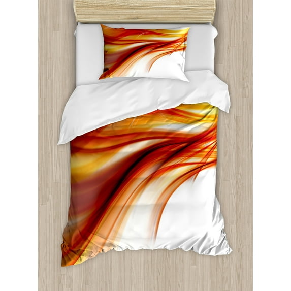 Abstract Duvet Cover Set, Modern Contemporary Abstract Smooth Lines Blurred Smock Art Flowing Rays Print, Decorative 2 Piece Bedding Set with 1 Pillow Shams, Twin Size, Orange Red, by Ambesonne