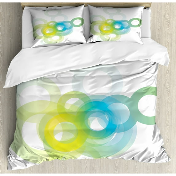 Abstract Duvet Cover Set, Modern and Cool Design with Big and Small Ombre Circles Art Print, Decorative 3 Piece Bedding Set with 2 Pillow Shams, Queen Size, Blue White and Yellow, by Ambesonne