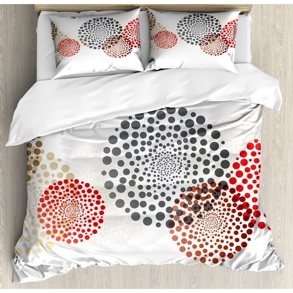 Abstract Duvet Cover Set, Modern and Cool Design Surreal Dots Like and Circled Design Art, Decorative 3 Piece Bedding Set with 2 Pillow Shams, Queen Size, Maroon Grey Red, by Ambesonne