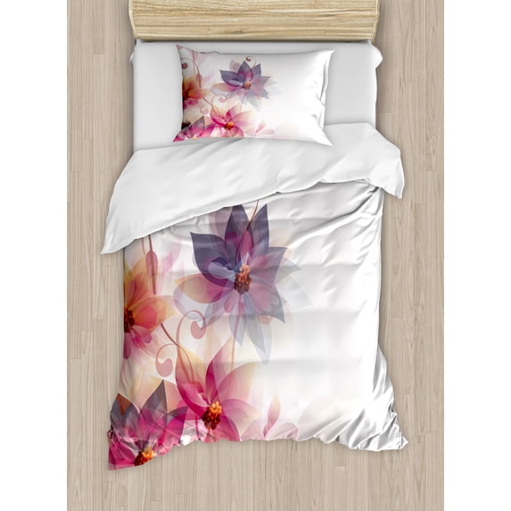 Abstract Duvet Cover Set, Modern Floral Design with Burts and Leaves Detailed Romantic Image, Decorative 2 Piece Bedding Set with 1 Pillow Shams, Twin Size, Pink Purple and Orange, by Ambesonne