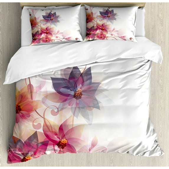 Abstract Duvet Cover Set, Modern Floral Design with Burts and Leaves Detailed Romantic Image, Decorative 3 Piece Bedding Set with 2 Pillow Shams, Queen Size, Pink Purple and Orange, by Ambesonne