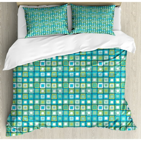 Abstract Duvet Cover Set, Modern Geometric Pattern with Nested Quirky Rectangles in Aqua Color Palette, Decorative 3 Piece Bedding Set with 2 Pillow Shams, Queen Size, Multicolor, by Ambesonne