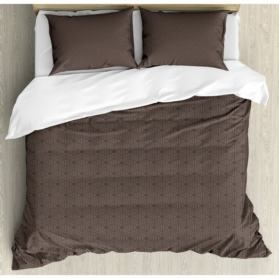 Abstract Duvet Cover Set, Modern Illustration of Hexagonal Dotted Elements Geometric Feels, Decorative 3 Piece Bedding Set with 2 Pillow Shams, Queen Size, Taupe Grey Pastel Brown, by Ambesonne