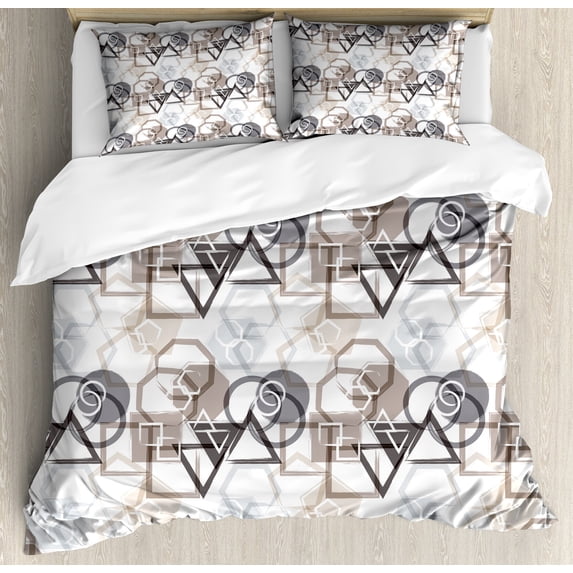 Abstract Duvet Cover Set, Modern Pattern with Triangles Squares Plygons Circles Grunge Composition, Decorative 3 Piece Bedding Set with 2 Pillow Shams, Queen Size, Grey Black Cocoa, by Ambesonne