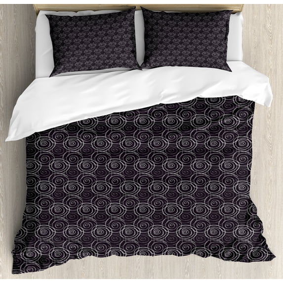 Abstract Duvet Cover Set, Modern Repetition of Hand Drawn Whirlpools Print, Decorative 3 Piece Bedding Set with 2 Pillow Shams, King Size, Dark Purple Pale Grey, by Ambesonne