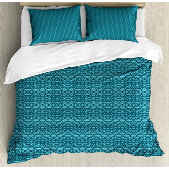 Abstract Duvet Cover Set, Mosaic Art Inspired Geometric Hexagon Along Floral Urban Details, Decorative 3 Piece Bedding Set with 2 Pillow Shams, King Size, Petrol Blue and Turquoise, by Ambesonne