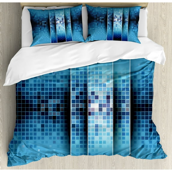 Abstract Duvet Cover Set, Mosaic Pattern with Fragments Little Ceramic Style Square Digital Image Art, Decorative 3 Piece Bedding Set with 2 Pillow Shams, Calking Size, Indigo Sky Blue, by Ambesonne