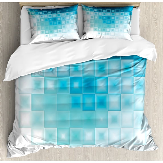 Abstract Duvet Cover Set, Mosaic Style Soft Toned Fractal Square Shapes with Charming Effects Image Print, Decorative 3 Piece Bedding Set with 2 Pillow Shams, King Size, Aqua Sky Blue, by Ambesonne