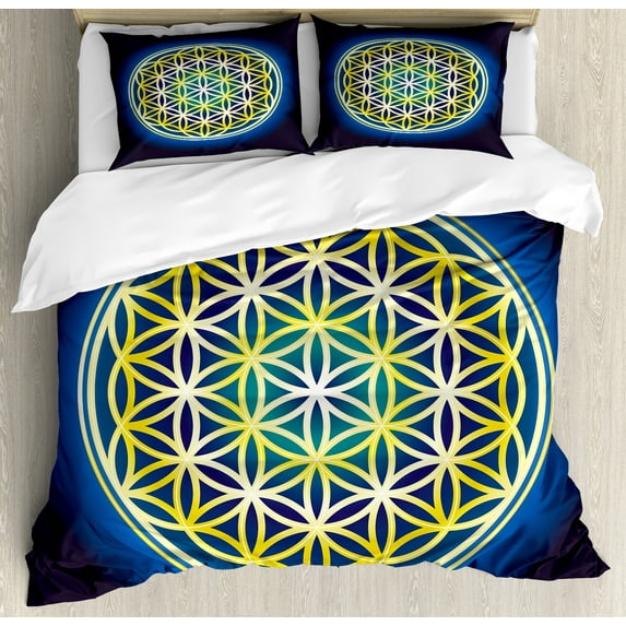 Abstract Duvet Cover Set, Nature Spirals Flower of Life Energy Illustration, Decorative 3 Piece Bedding Set with 2 Pillow Shams, Calking Size, Violet Blue Indigo, by Ambesonne