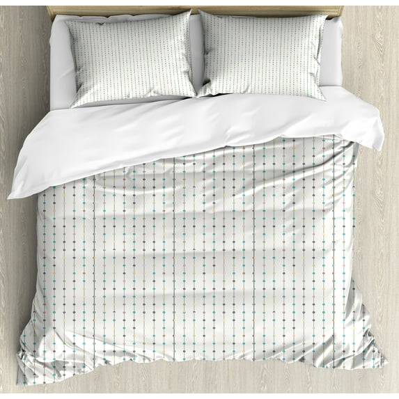 Abstract Duvet Cover Set, Nostalgic Repeating Pattern with Tiny Squares on Vertical Lines, Decorative 3 Piece Bedding Set with 2 Pillow Shams, Calking Size, Off White Multicolor, by Ambesonne