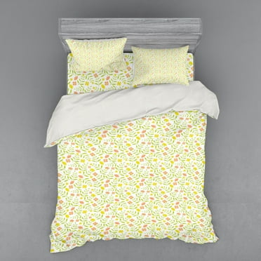 Abstract Duvet Cover Set, Nursery Concept of Tiny Twiggy Tulips and 4 Petal Flowers, Bedding Set with Shams and Fitted Sheet, 3 Sizes, by Ambesonne