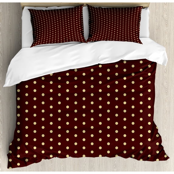 Abstract Duvet Cover Set, Old Fashioned Retro Polka Dots Motif Feminine Fashion Repeating Rounds Print, Decorative 3 Piece Bedding Set with 2 Pillow Shams, Queen Size, Brown Beige, by Ambesonne
