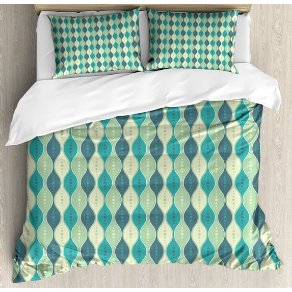 Abstract Duvet Cover Set, Oval Curved Vertical Lines with Classic Effects Dots Retro Graphic, Decorative 3 Piece Bedding Set with 2 Pillow Shams, Queen Size, Sea Green Petrol Blue, by Ambesonne