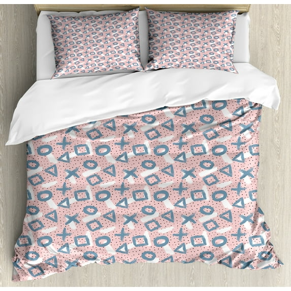 Abstract Duvet Cover Set, Paintbrush Strokes Geometric Rings Triangles Murky Squares on Polka Dots, Decorative 3 Piece Bedding Set with 2 Pillow Shams, King Size, Rose and Slate Blue, by Ambesonne