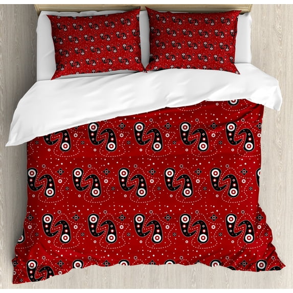 Abstract Duvet Cover Set, Paisley Design with Dots Flowers Leaves Oriental Mandala Art Print, Decorative 3 Piece Bedding Set with 2 Pillow Shams, Queen Size, White Ruby, by Ambesonne