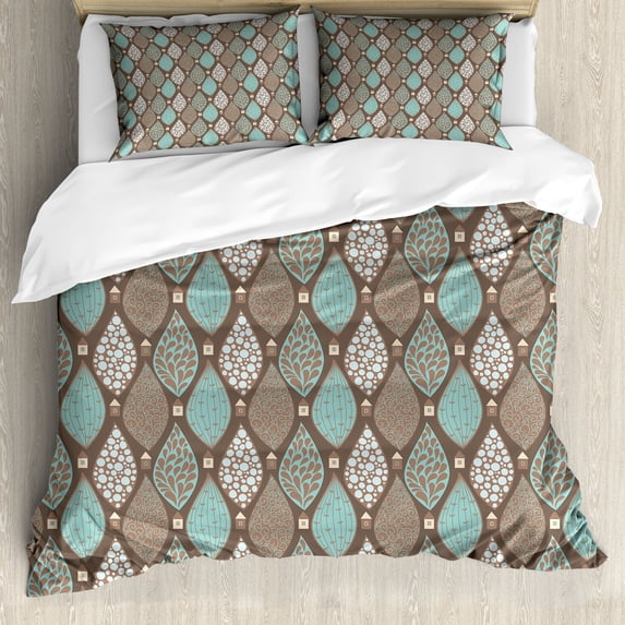 Abstract Duvet Cover Set, Paisley Shaped Ornamental Floral Motifs and House Silhouettes Retro Art, Decorative 3 Piece Bedding Set with 2 Pillow Shams, Calking Size, Taupe and Multicolor, by Ambesonne