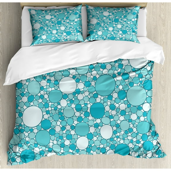 Abstract Duvet Cover Set, Abstract Pattern with Bubbles in Different Sizes Modern Aqua Inspired Design, Decorative 3 Piece Bedding Set with 2 Pillow Shams, Calking Size, Turquoise Teal, by Ambesonne