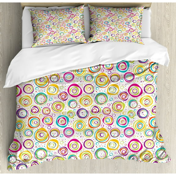 Abstract Duvet Cover Set, Pattern with Circles and Dots Bubble Rings Spotted Springtime Enjoyment Theme, Decorative 3 Piece Bedding Set with 2 Pillow Shams, Calking Size, Multicolor, by Ambesonne