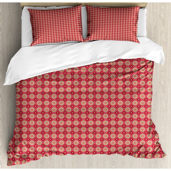 Abstract Duvet Cover Set, Pattern of Continued Ornamental Octagons Along Triangles and Squares, Decorative 3 Piece Bedding Set with 2 Pillow Shams, King Size, Pale Green and Dark Pink, by Ambesonne