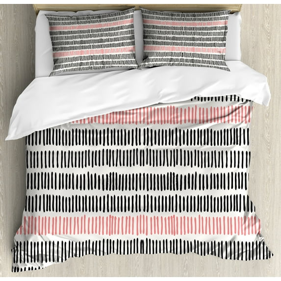 Abstract Duvet Cover Set, Abstract Pattern with Short Lines Chalkboard Geometric Simple Retro Art Print, Decorative 3 Piece Bedding Set with 2 Pillow Shams, Queen Size, Black Pink, by Ambesonne